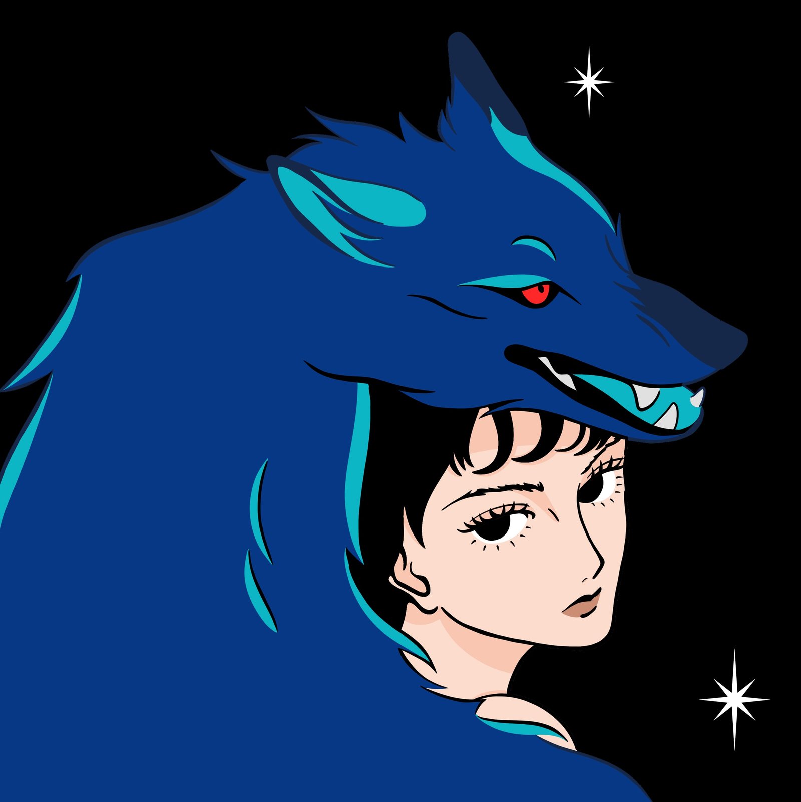 Femme avec une peau de louve bleue sur le dos